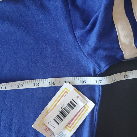 LULAROE JULIA DRESS NAVY BLUE WITH TAN SPORTS STRIPES ON SLEEVES SZ S NWT - Picture 8 of 8